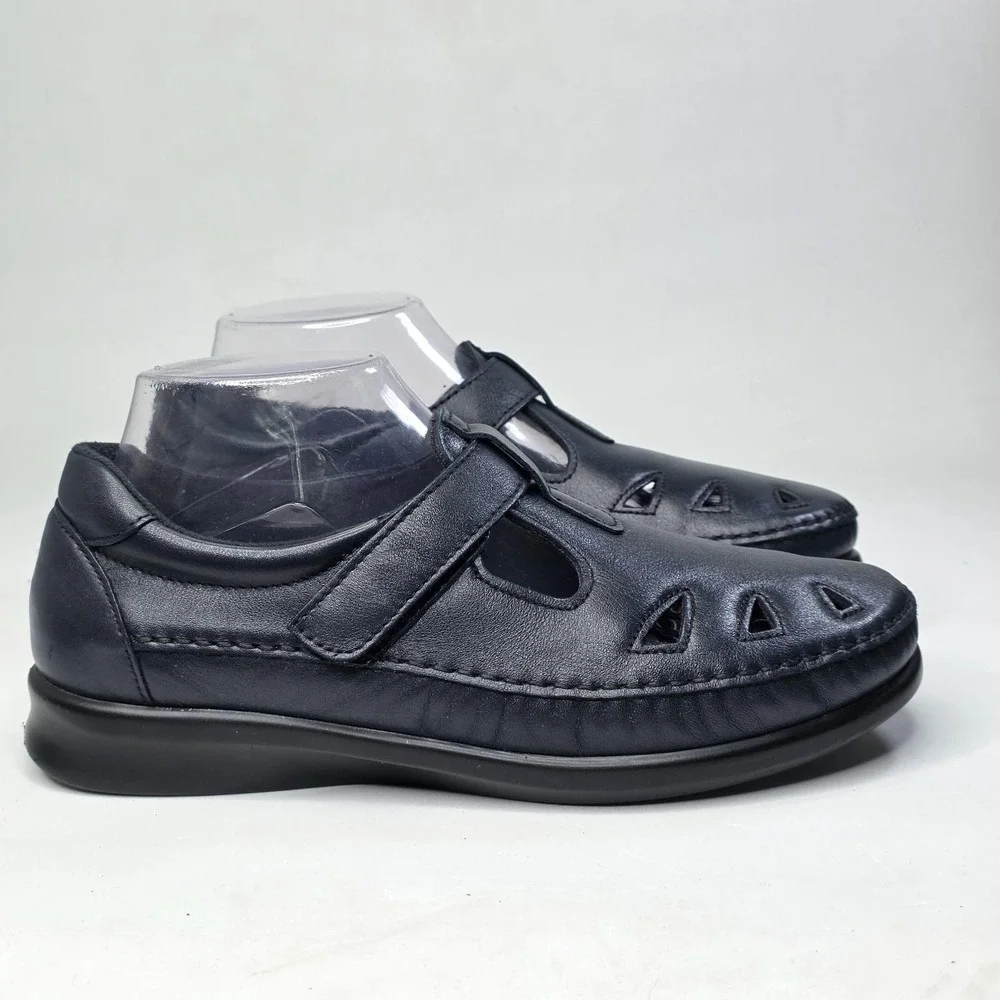 SAS Roamer Tripad Sandals Women's 8.5 WW Extra Wide Navy Leather T-Strap Shoes